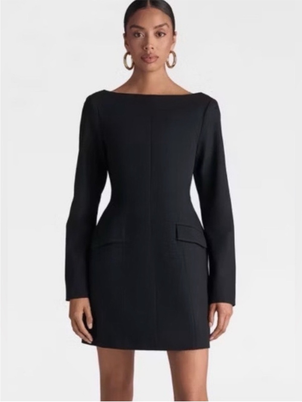 Women’s KBB by Kahlana Black Long-Sleeve Boatneck Mini Dress with Flap Pockets